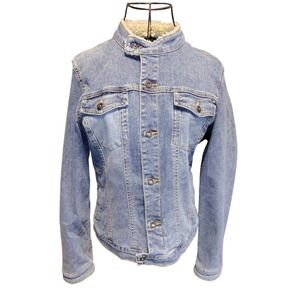 Tommy Jeans Womens Sherpa Trim Denim Jacket Medium Wash Blue Trucker Large